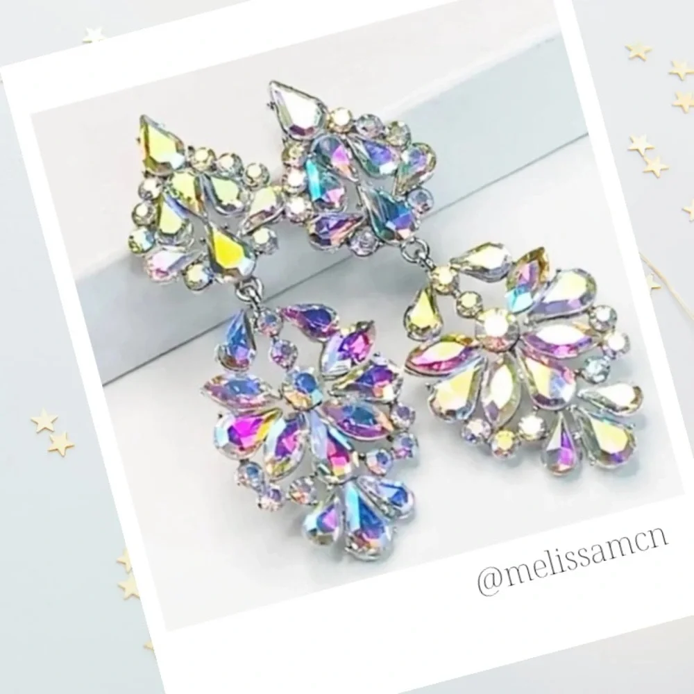 AB Crystal Bridal Pageant Formal Chandelier Earrings Bridal Prom Pageant - Picture 9 of 9